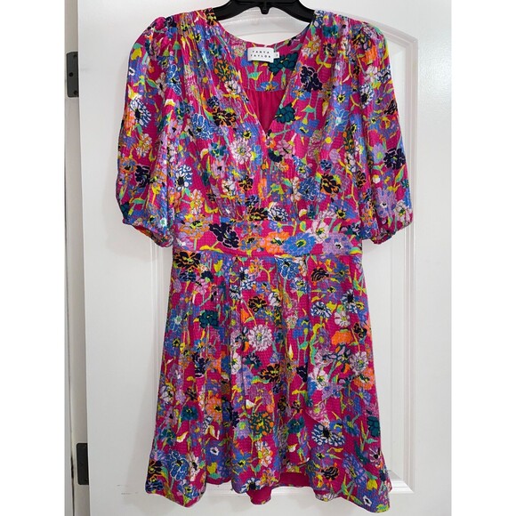 Tanya Taylor Nat Women’s Silk Mini Dress size 2 NWOT V-Neck Hot Pink Floral $495 - Picture 3 of 12
